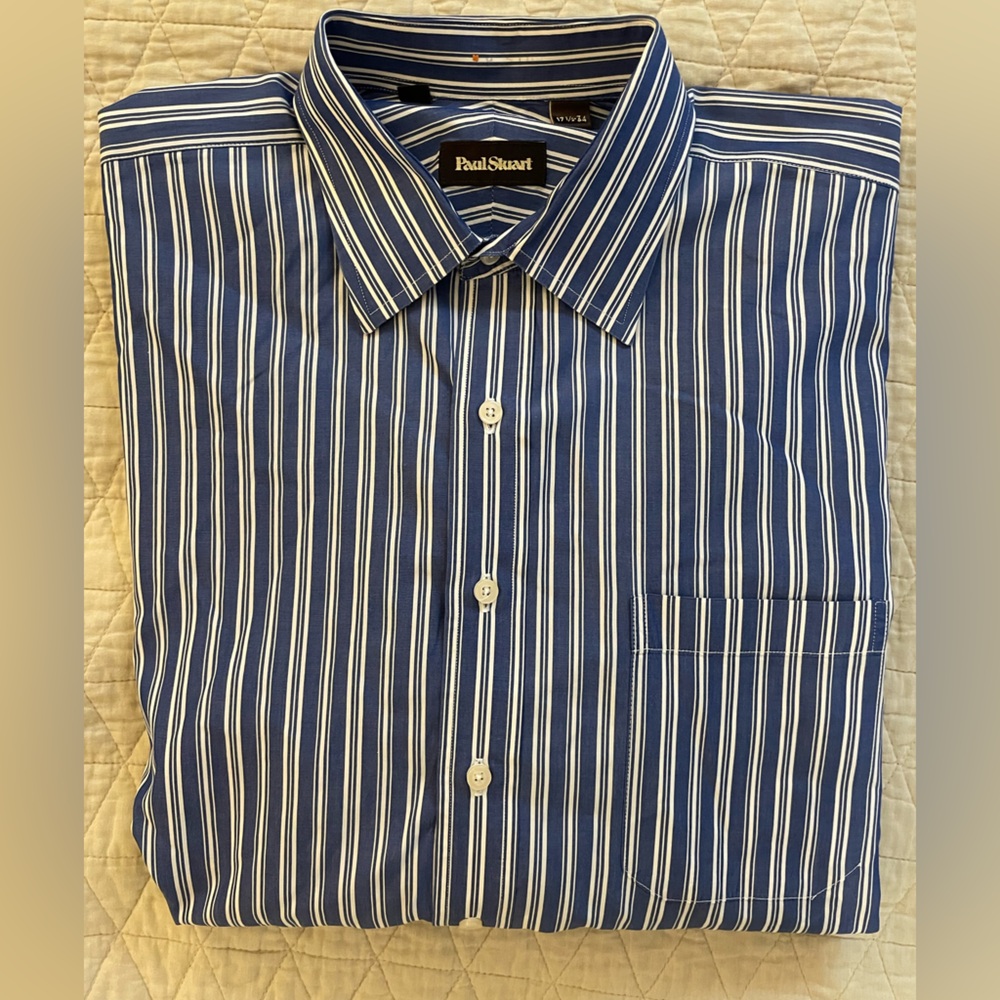 Paul Stuart Made in Canada Bold Stripe Shirt in Blue & White Size 17 1/2-34 $350